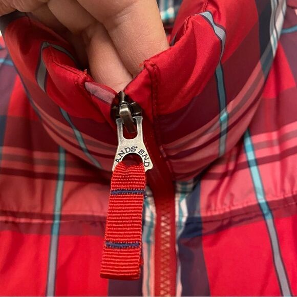 Lands End quilted puffer red blue plaid down filled winter vest girls M 10/12 - Picture 10 of 14